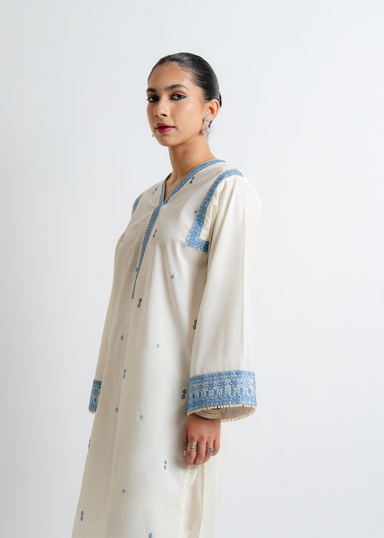 Elegance Off-White & Blue Embroidered 2-Piece Stitched Dress