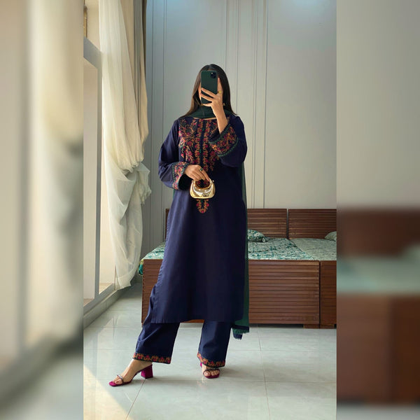 Navy Blue Embroidered 2-Piece Stitched Dress
