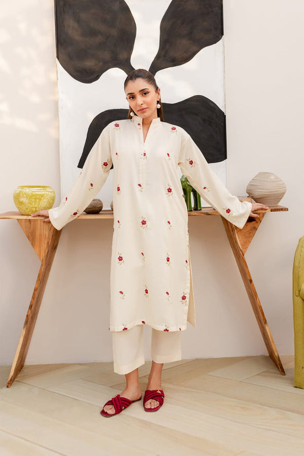 Off-White rose Embroidered 2-Piece Stitched Dress